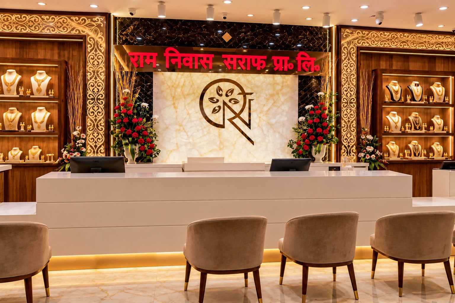 Ram Niwas Saraf showroom with signboard, logo wall and jewellery displays
