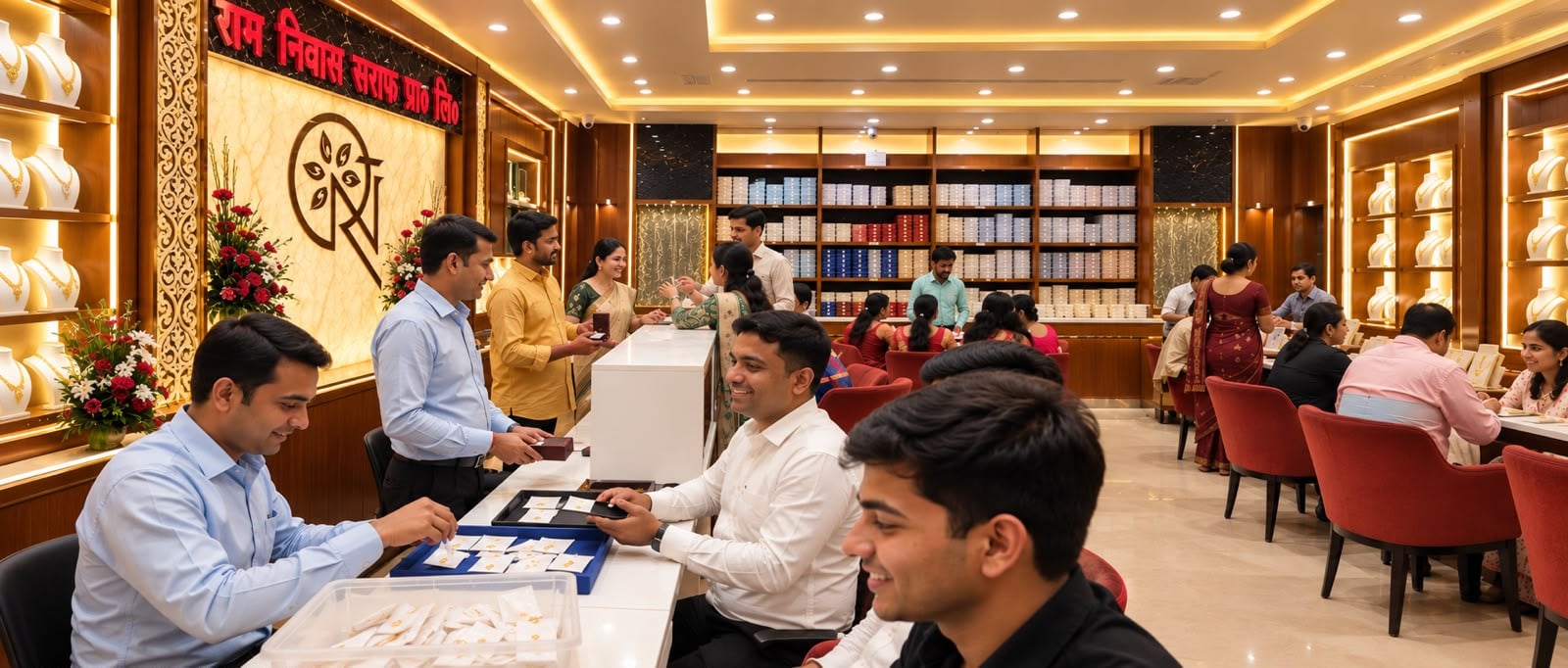 Customers being assisted at the Ram Niwas Saraf showroom, with the signboard and logo wall behind