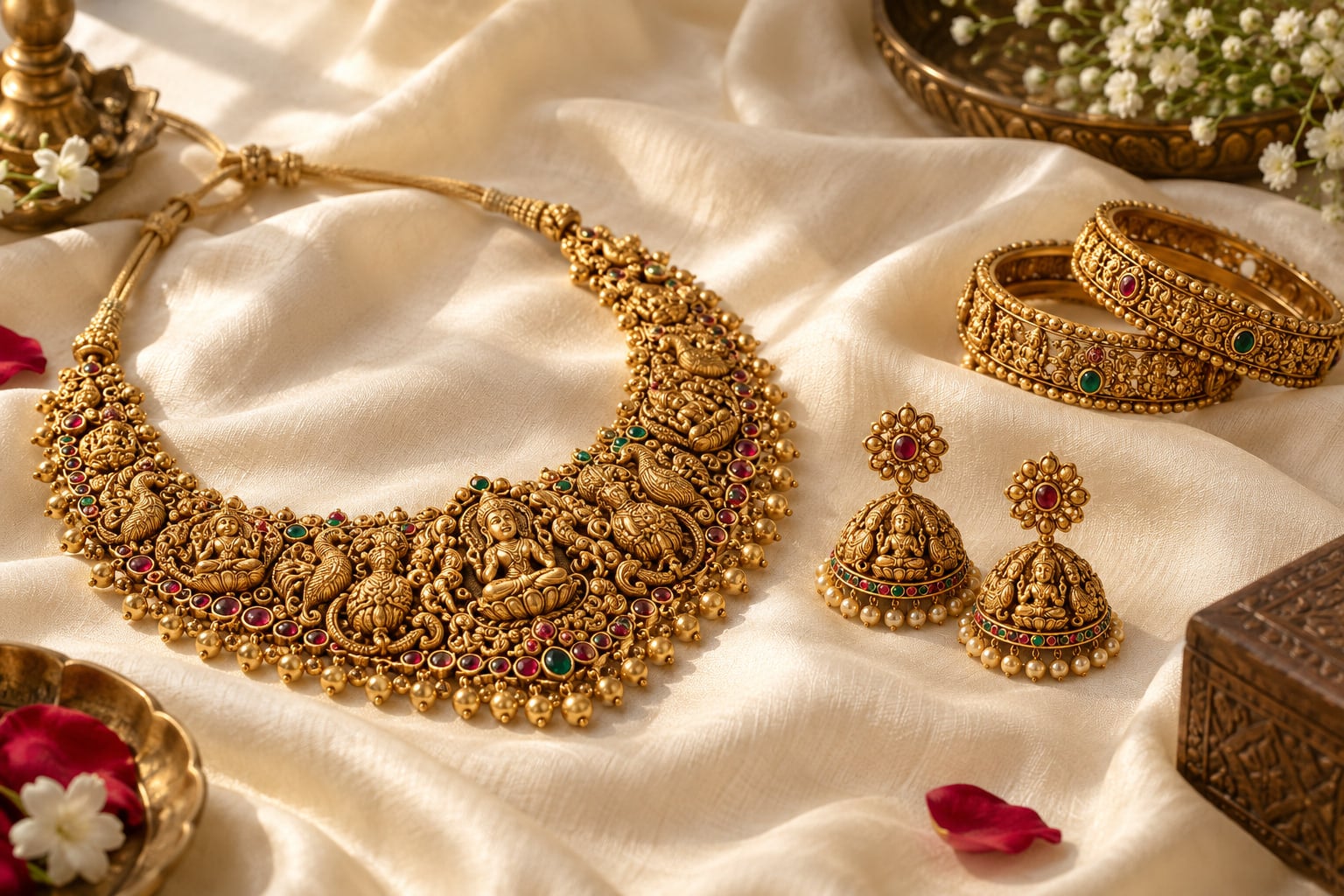 Gold temple necklace, earrings and bangles on ivory silk