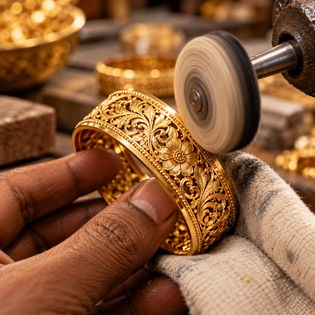 Gold filigree bangle being polished by hand