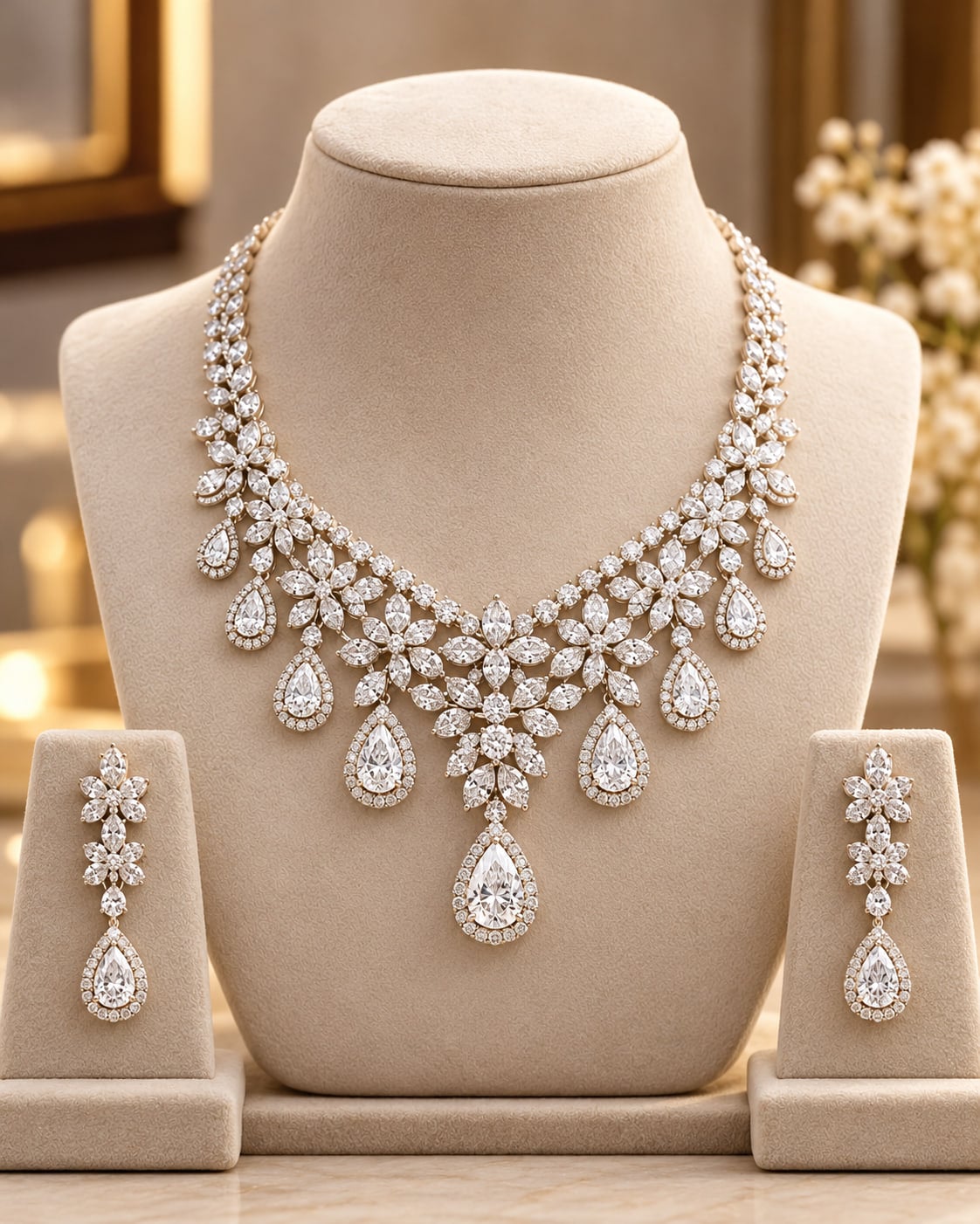 Diamond necklace and earrings set on a display bust