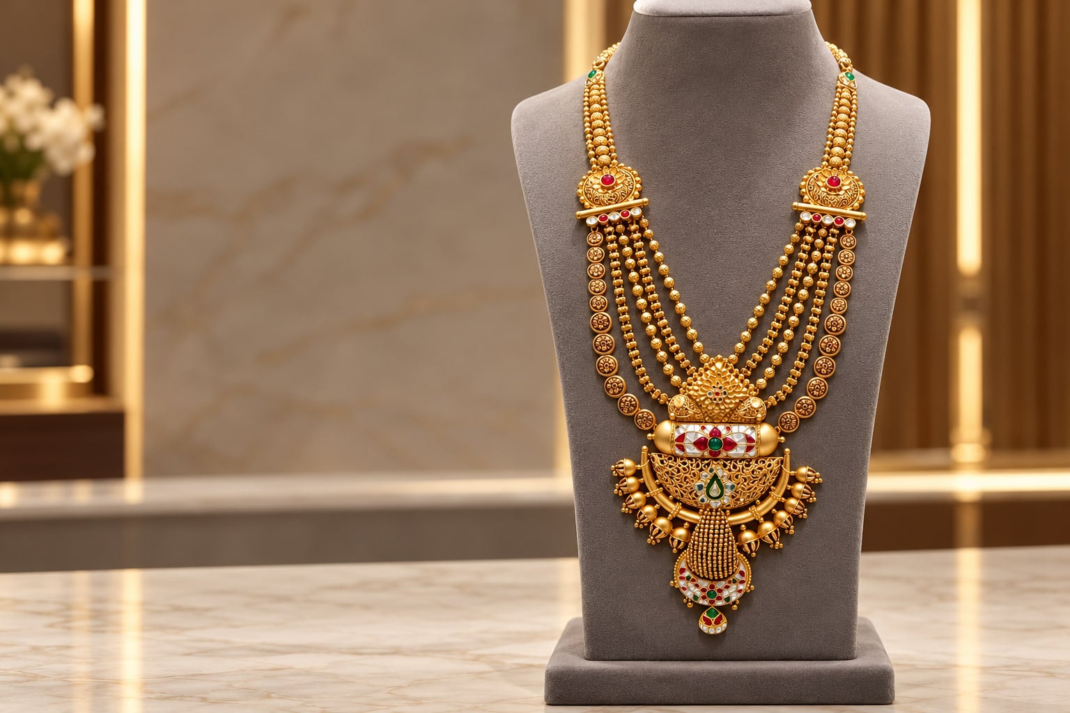 Gold necklace with layered chains and pendant displayed on a bust