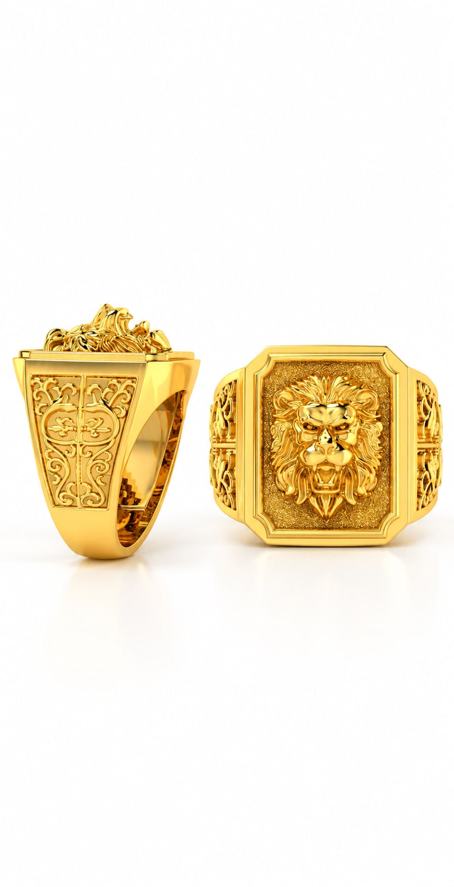 Pair of gold rings with a lion-face design