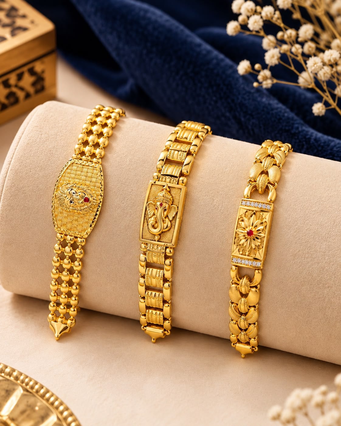 Three gold bracelets on a display roll
