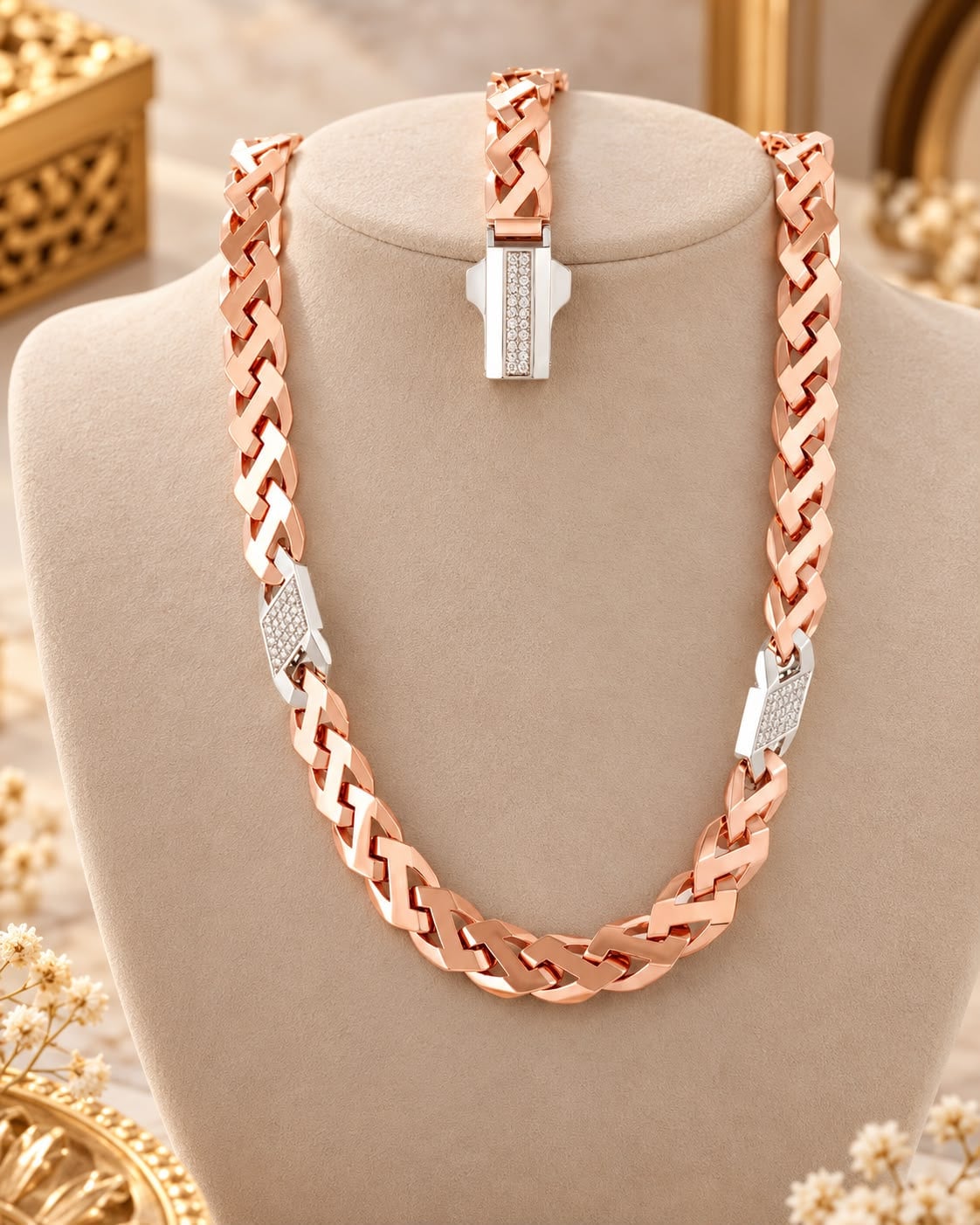 Rose gold chain with stone-set accents on a display bust